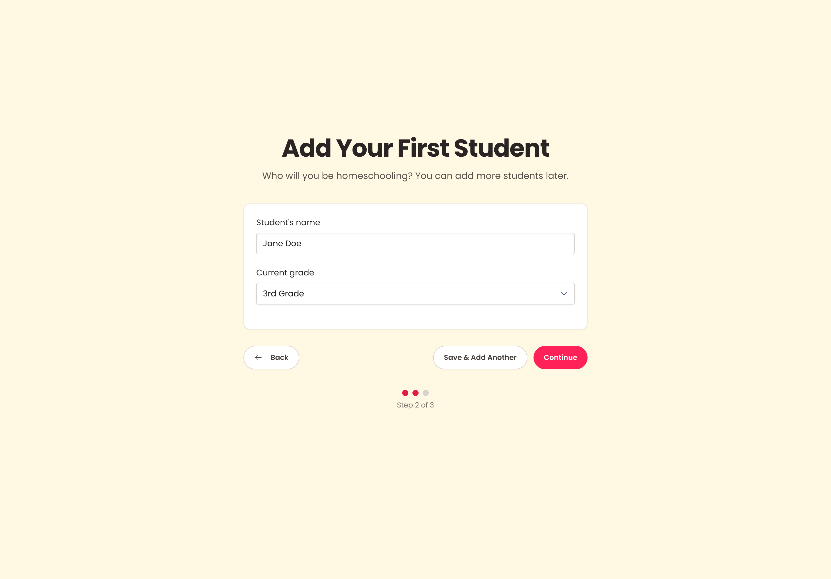 Screenshot of onboarding create student form on HomeschoolFox