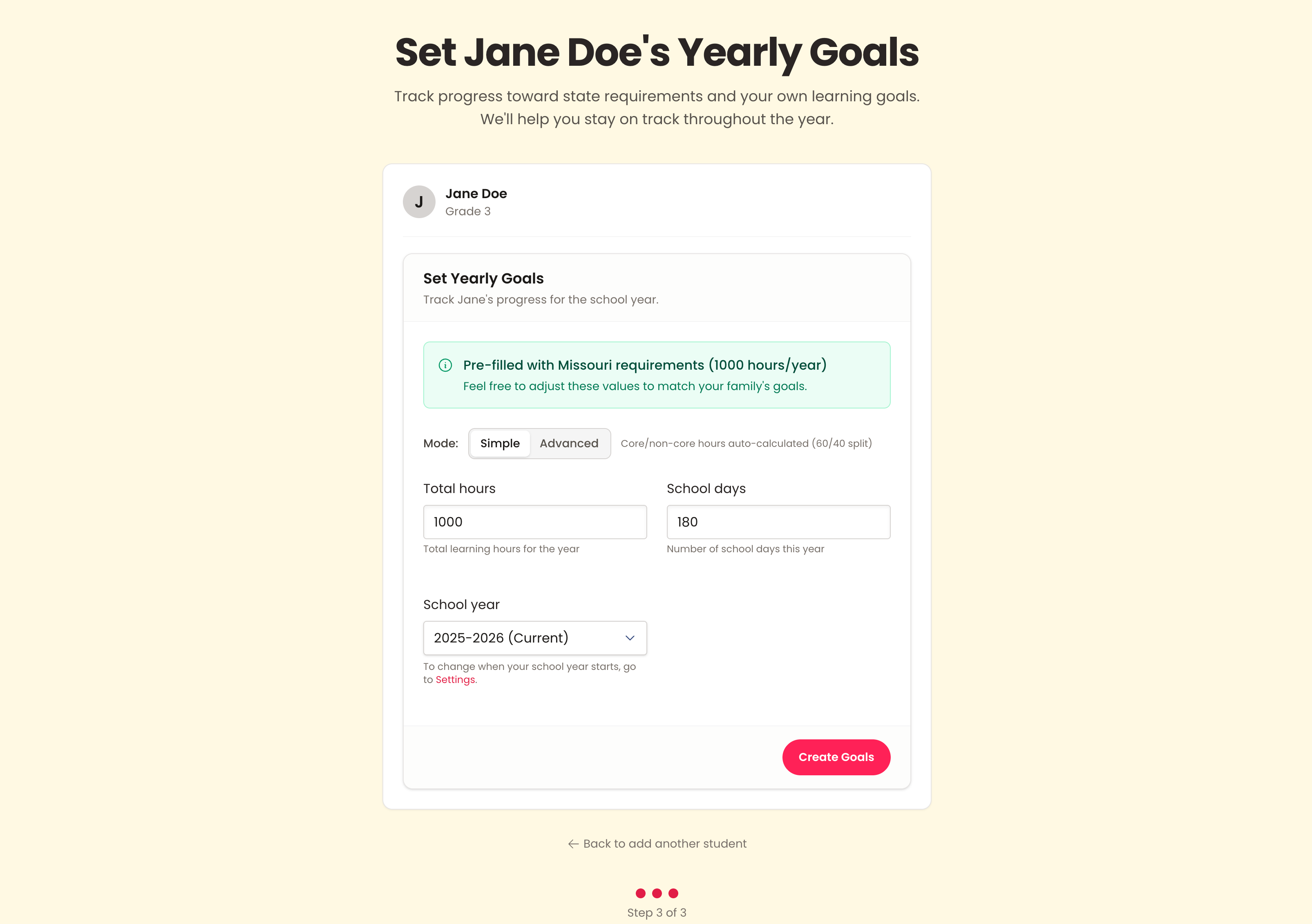 Screenshot of yearly goals form on HomeschoolFox