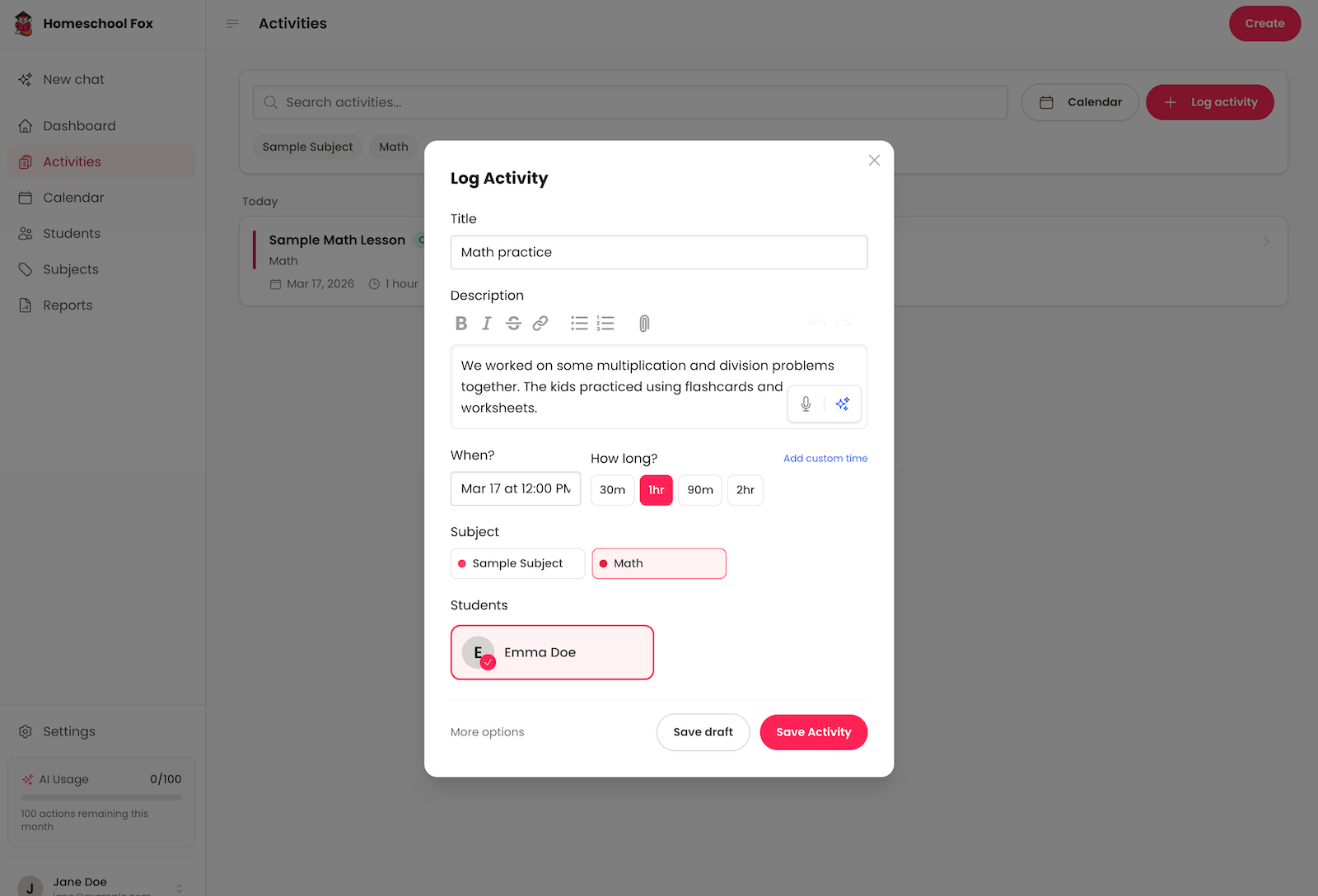 Screenshot of log activity form on HomeschoolFox
