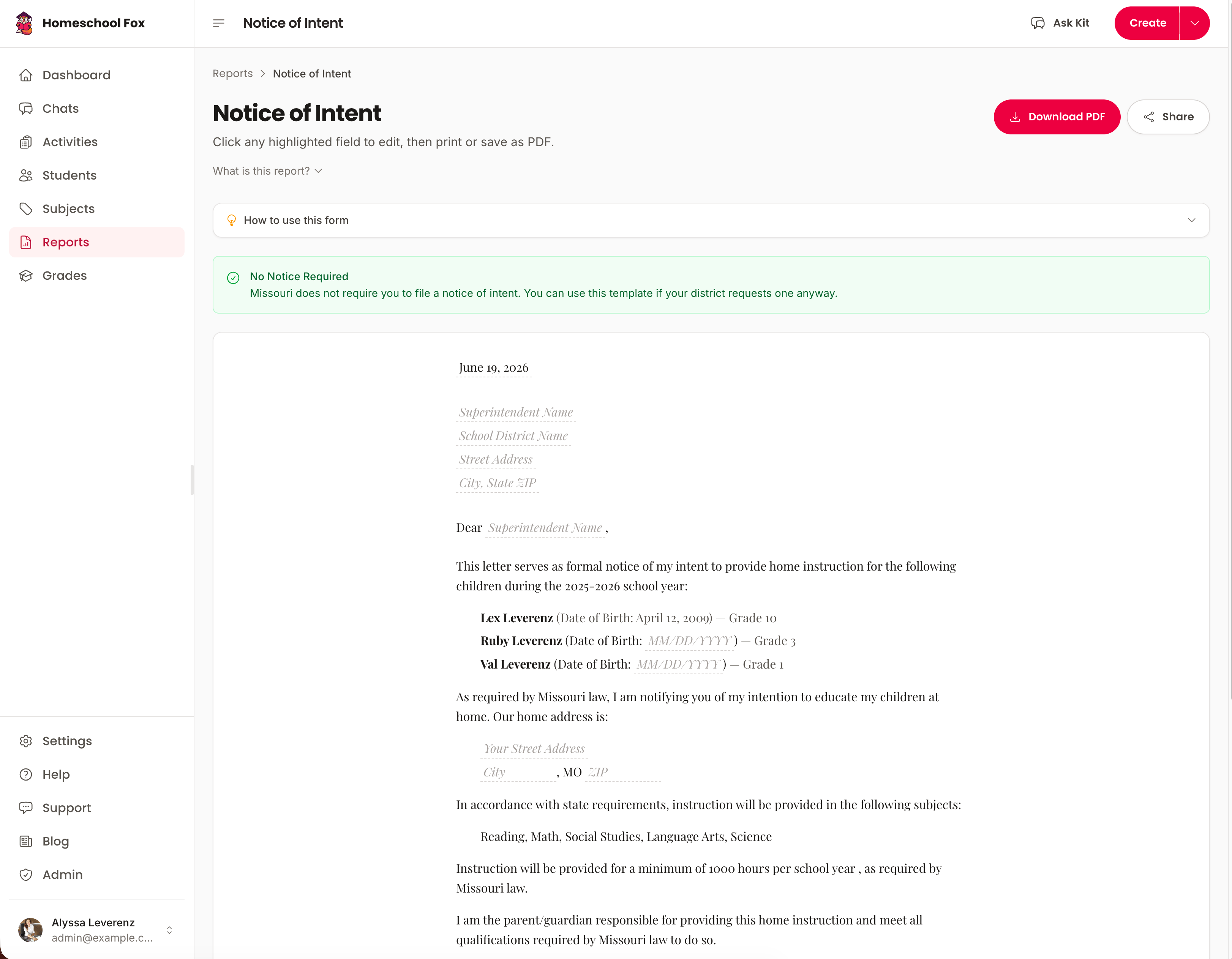 A notice of intent generated from a Homeschool Fox account
