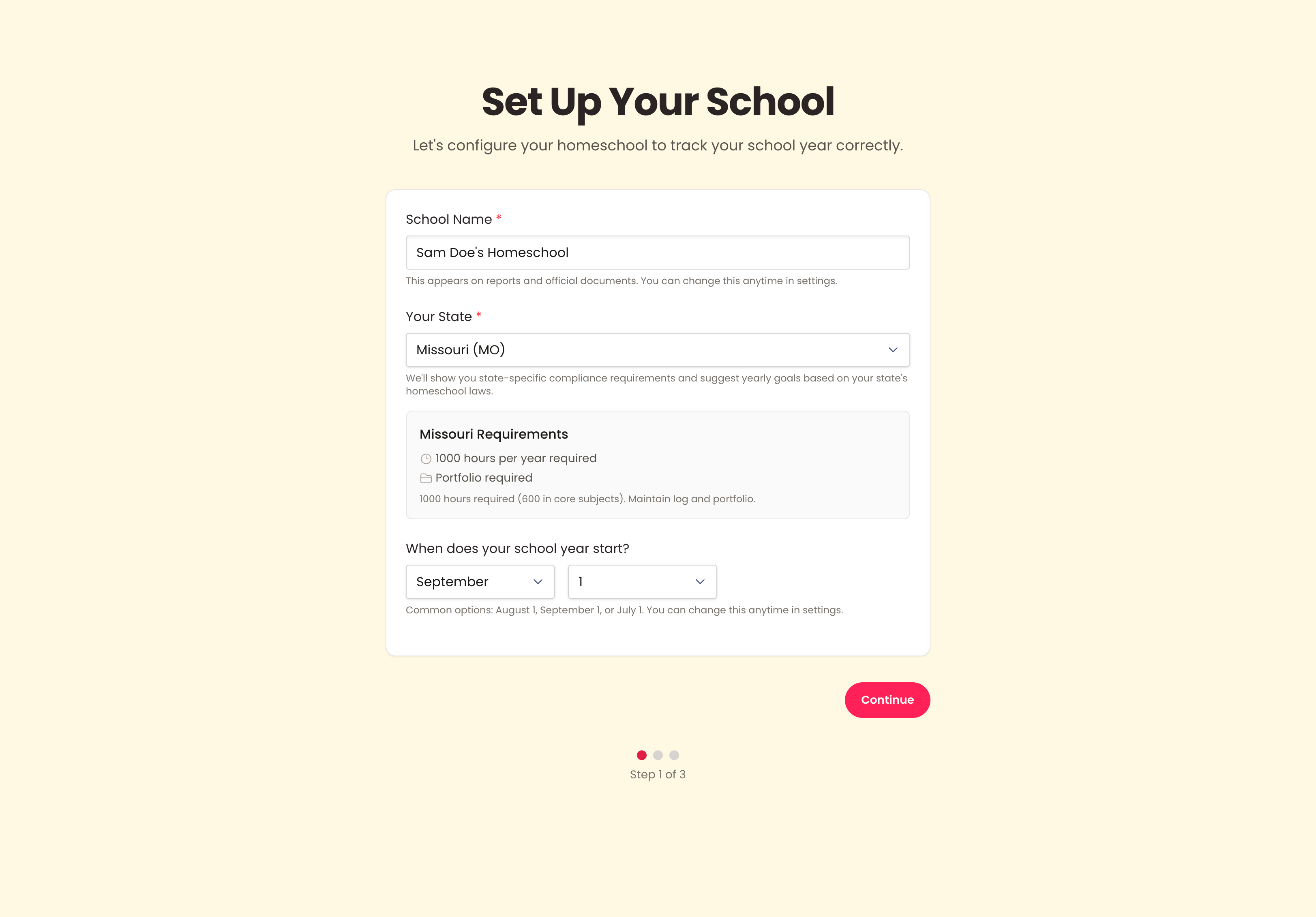 Screenshot of school setup form on HomeschoolFox