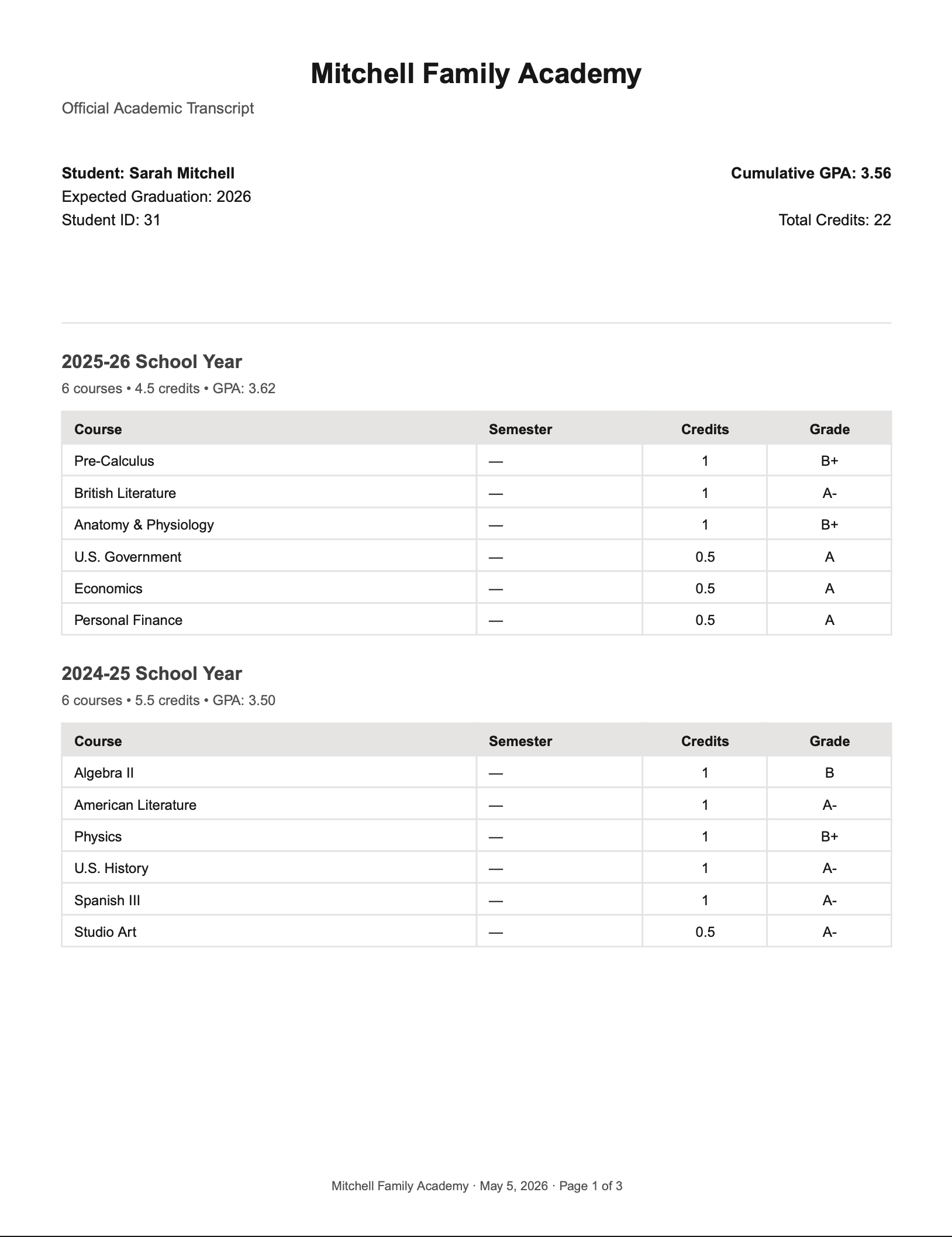 Sample $29 Basic homeschool transcript PDF — student info, course history by year, weighted and unweighted GPA, parent-administrator footer.