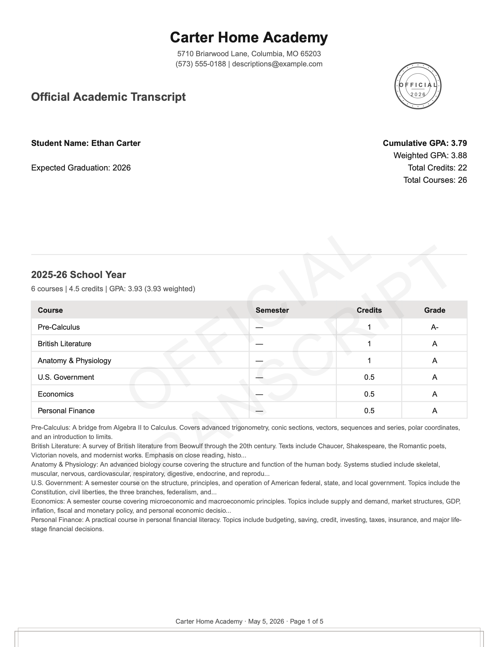 Sample transcript with course descriptions — Descriptions tier preview.