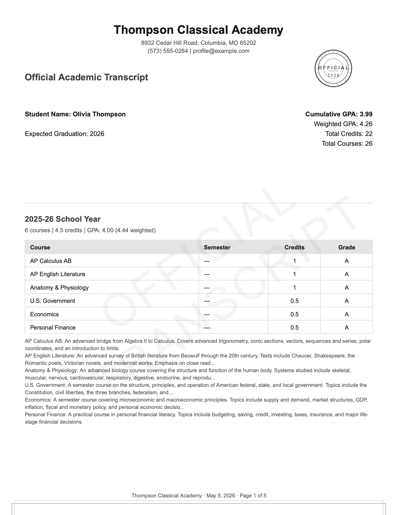 Sample homeschool transcript PDF — institutional letterhead, official seal, weighted and unweighted GPA, AI-drafted course descriptions, and counselor signature.