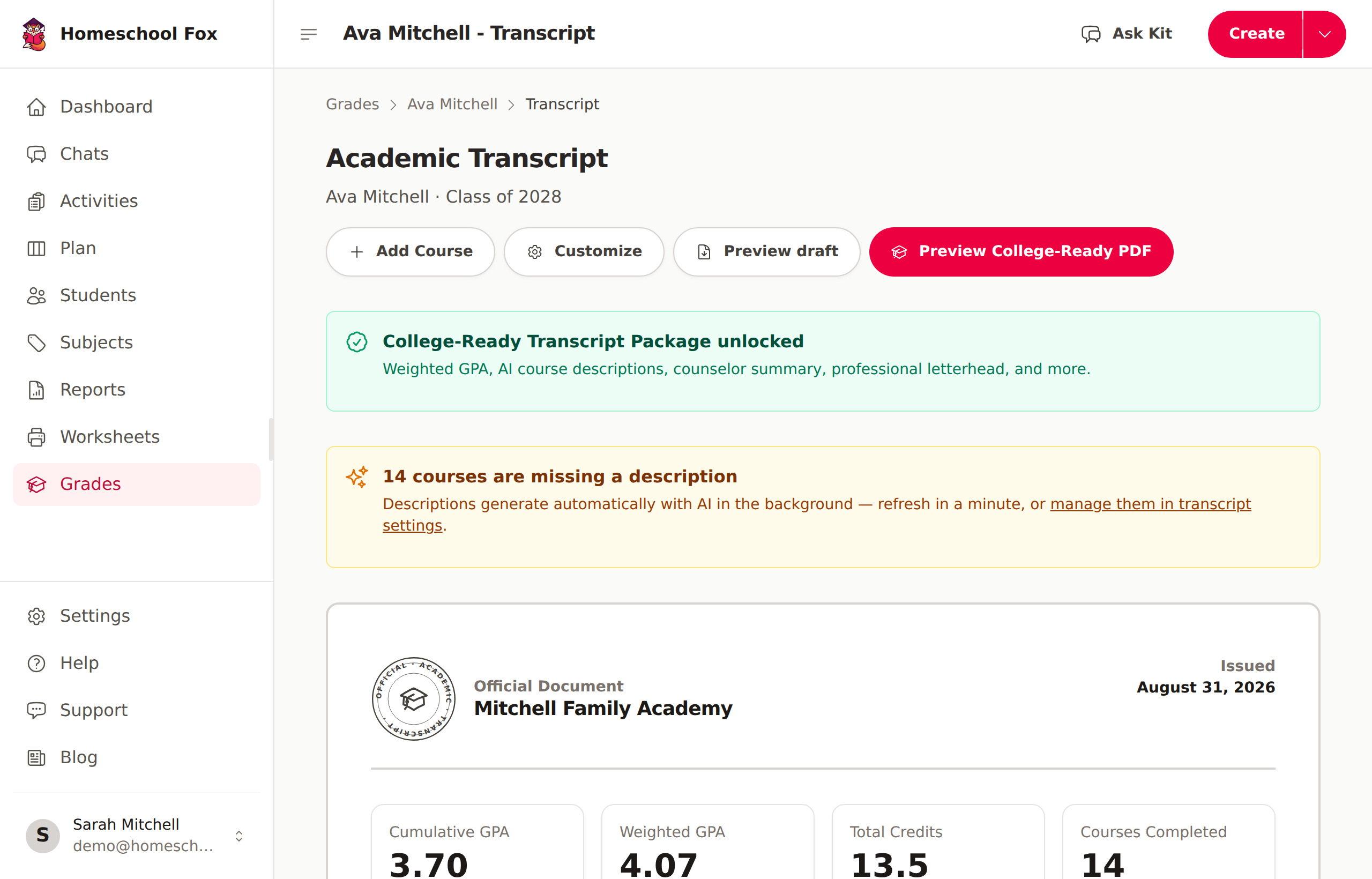 La página de transcript de un estudiante con GPA, créditos y lista de cursos