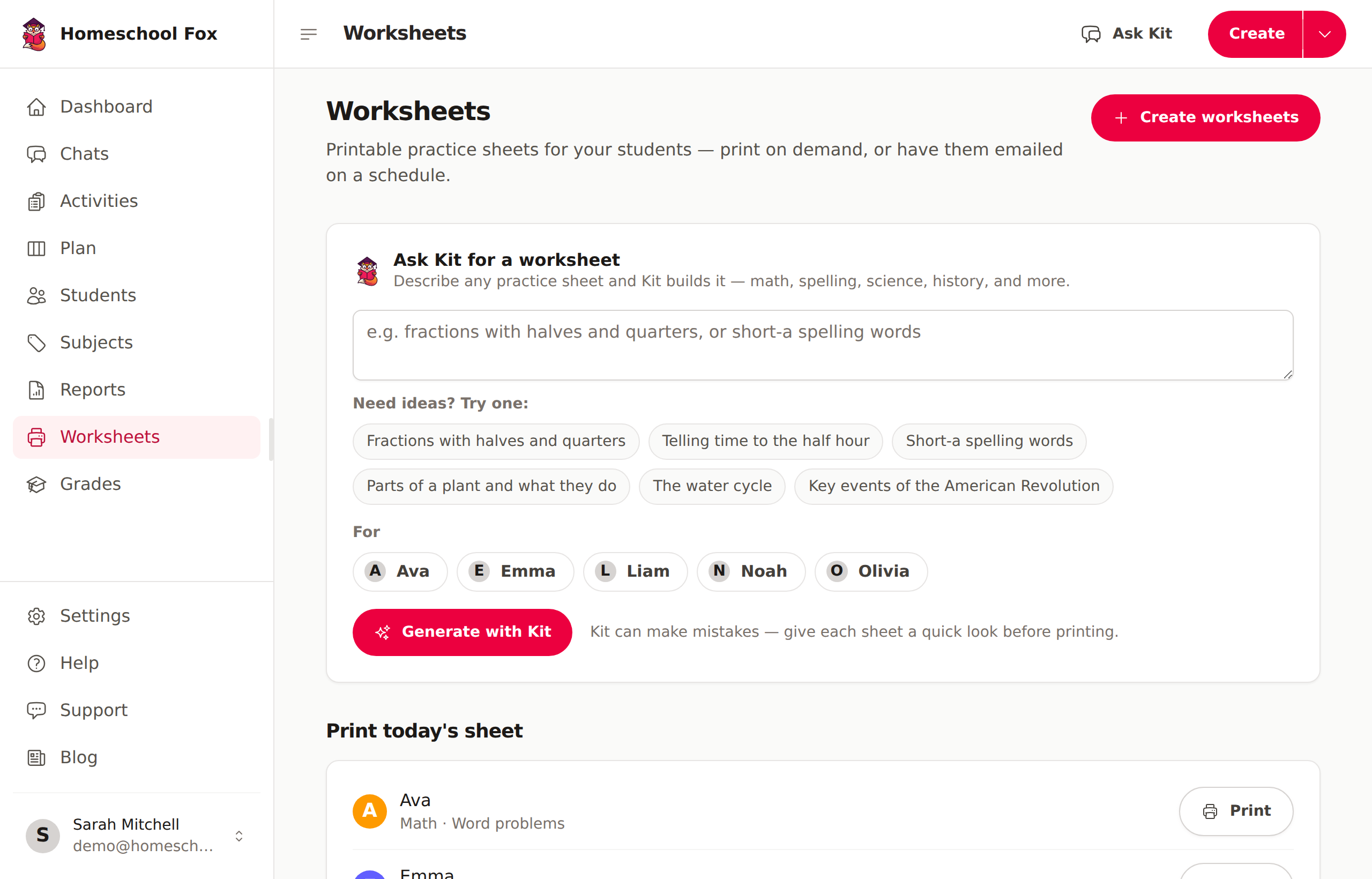 The Worksheets page with the Ask Kit prompt box and today's sheets